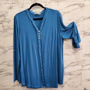 Vivilli Top Women Size XXL Blue Henley Button Neck Roll Tab Sleeves Tunic Blouse
